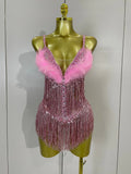 2026 New Sexy Nightclub Bar DJ Performance Dancer Stage Costume Sparkly Rhinestones Feathers Tassels Mesh See Through Bodysuits
