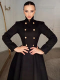 Elegant Stand Collar Metal Button Maxi Coat Lady Double Breasted Cinched Waist A-line Flared Overcoat Fall Date Party Outerwear