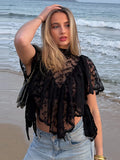 Sexy Cape Style Lace Perspective Top Women Half High Neck Short Sleeve Solid Irregular Pullover Lady Chic Casual Beach Top Cloth