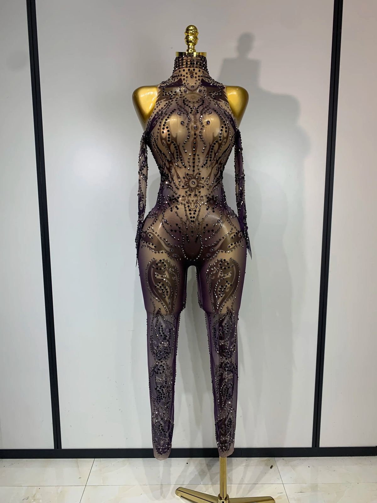 Sparkly Rhinestone Sexy Mesh Bodycon Jumpsuit Nightclub Bar Evening Party Gogo Dancer Clothing Drag Queen Outfit Stage Costume