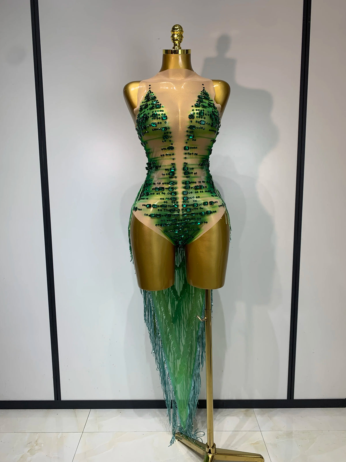 Green Sparkly Rhinestone Tassels Women Sexy Mesh Bodysuit Eveing Party Birthday Latin Dancer Nightclub Performance Stage Costume