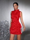 Spliced Appliques Elegant Dresses For Women Stand Collar Sleeveless High Waist Patchwork Zipper Mini Dress Female