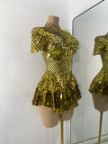 Sexy Women Short Sleeve Sparkly Sequins Stage Dress Luxury Evening Party Nightclub Performance Costume Stage Wear