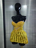 Luxury Sparkly Sequins Diamonds Mesh Gold Short Skirt Birthday Dress Women Sexy Dance Performance Costume Singer Stage Outfit