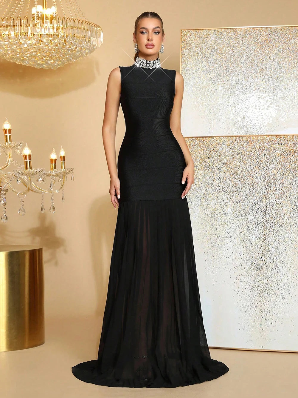 2026 New Diamond Turtleneck Bodycon Long Dress Women Sleeveless Patchwork Elegant Evening Birthday Party Dinner Wedding Gowns