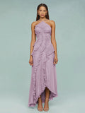 Women'S Irregular Pleated Slim Chiffon Long Dress Sexy Backless Ruffle Fashion Party Prom Elegant Evening Gown 2025 New