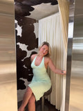 Women Mint Green Halter Bodycon Mini Dress Chic Sleeveless V Neck Backless Party Summer Beach Vacation Cocktail Evening Outfit