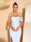 Strapless Pearl bead Bodycon Long Dress Off-shoulder Side Slit Sexy Club Party Evening Maxi Dresses Women's Clothing