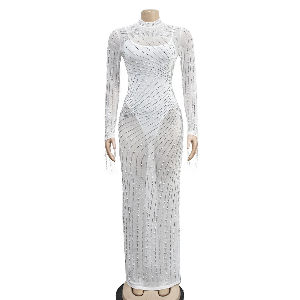 Women Rhinestone Dress with Bodysuit 2 Piece Set Sexy See Through Hot Drilling Evening Gowns Birthday Bodycon Party Dress