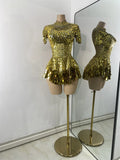 Sexy Women Short Sleeve Sparkly Sequins Stage Dress Luxury Evening Party Nightclub Performance Costume Stage Wear