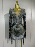 Luxury Evening Party Birthday Nightclub Photo Shoot Wear Sexy Mesh Sparkly Diamonds Sequin Tassels Long Sleeves Sheer Mini Dress