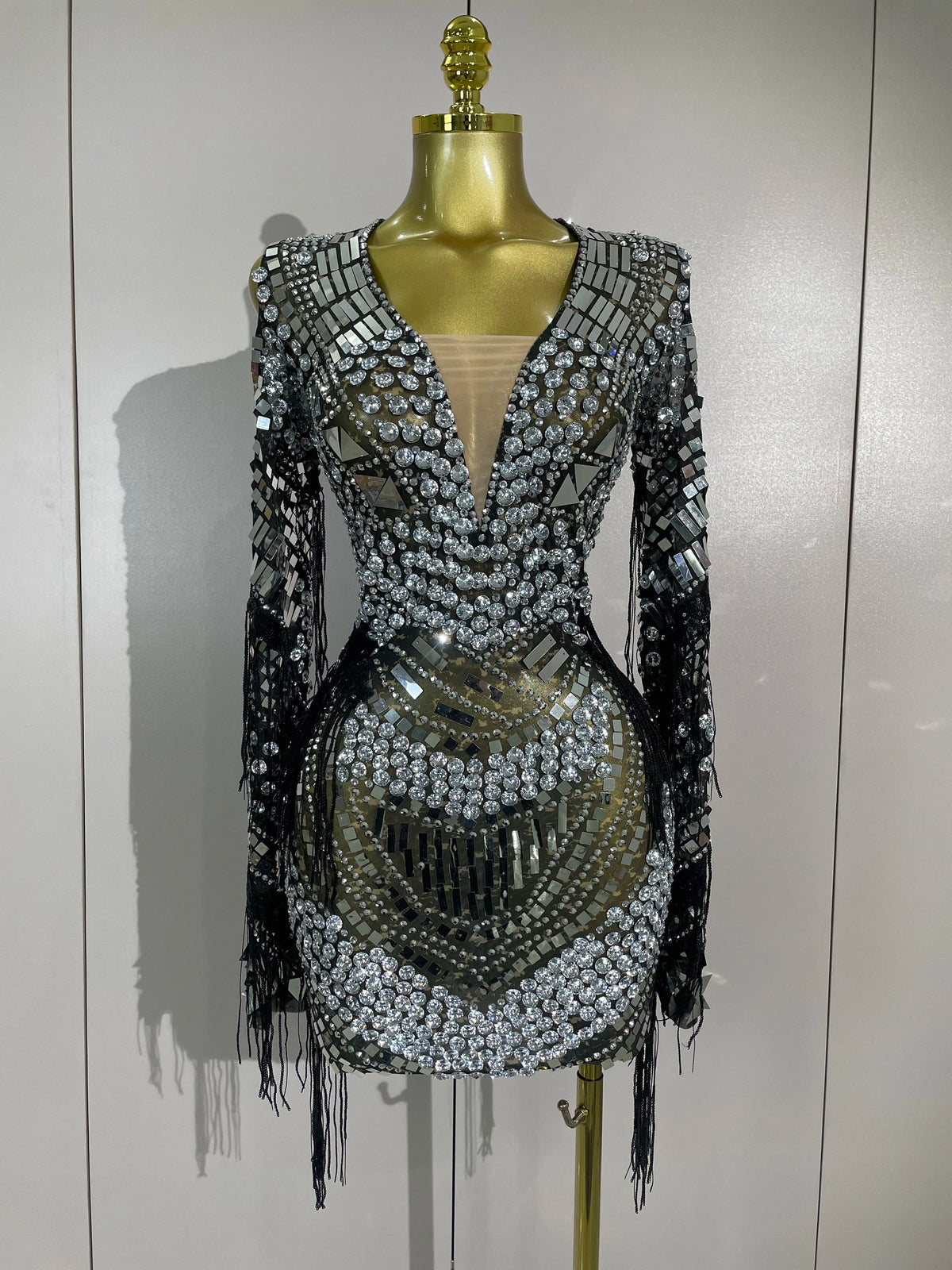 Luxury Birthday Sparkly Diamonds Sequin Tassels Long Sleeves Sheer Mini Dress Evening Party Sexy Mesh Nightclub Photo Shoot Wear