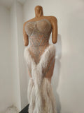 Women Birthday Evening Celebrate Party Nightclub Stage Wear Sexy Sparkly Diamonds Tassel Strapless Mesh See Through Long Dress