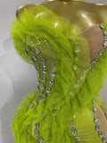Sexy Celebrate Eveing Birthday Party Nightclub Red Carpet Stage Wear Sparkly Green Diamonds Mesh Asymmetric Bodycon Mini Dress