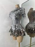 Sexy Women Short Sleeve Sparkly Sequins Stage Dress Luxury Evening Party Nightclub Performance Costume Stage Wear