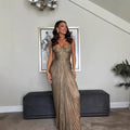 Gold Pleated Tunic Fish Bone Dresses for Women Square Collar Sleeveless Casual Party Split Evening Dress Female New