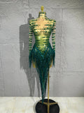 Sexy Green Rhinestone Mesh skirt HighNeck Long Sleeve Sheer Tassel Outfit Women Cocktail  Costume Stage Performance Show Party