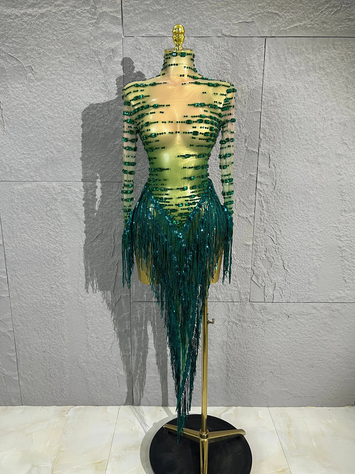 Sexy Green Rhinestone Mesh skirt HighNeck Long Sleeve Sheer Tassel Outfit Women Cocktail  Costume Stage Performance Show Party