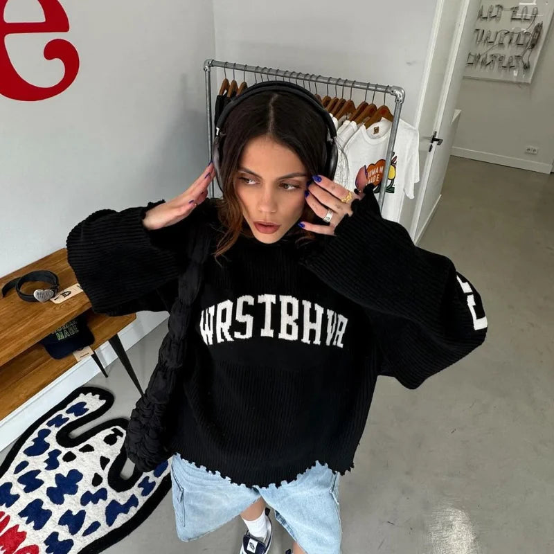 Women's Letter Printing Knit Sweater Fashion O-neck Distressed Hem Oversized Pullover Lady Autumn Casual Streetwear Tops