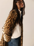 Leopard Print Faux Fur Long Coat Women Plush Belted Waist V Neck Loose Fit Thick Maxi Coats Warm Winter Elegant Luxury Outerwear
