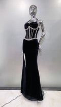 Women's Fashion Gloves Shiny Rhinestone Neck Waist Black Velvet Dress Celebrity Dinner Red Carpet Party Evening Performance Gown