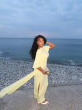Chic Yellow Backless Lace Up Slit Dress Women Pleated Half Sleeved Waist Cinched Dresses Lady 2026 Spring New Evening Party Robe