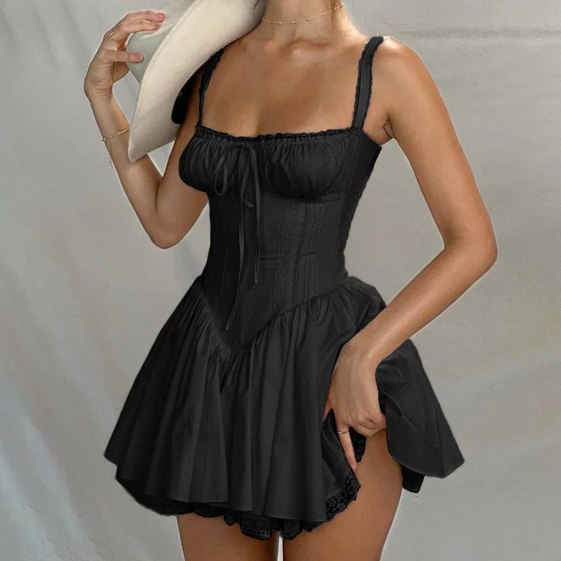 Elegant Lace Corset Casual White Short Ballet Dress Square Collar A-line Bandage Mini Dresses Sweet Y2K Black 2025 Summer New In