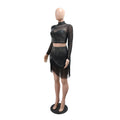 Sexy Mesh Sheer Rhinestone Two Piece Set Women Skirts Suits Crop Top and Mini Skirt Night Club Party Outfits Matching Set