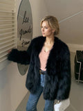 Beige Fluffy Faux Fur Jacket Women Long Sleeve Open Front Warm Cozy Coat Fall Winter Party Daily Streetwear Trendy Outerwear New