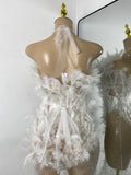 Women Sexy Luxury Rhinestone Mesh Feather Sheer See Through Long Celebrity Birthday Dress Cocktail Nightclub Performance Costume