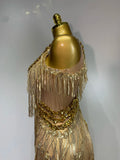 Women Sparkly Glod Rhinestones Sequined Fringe Jumpsuit Sexy Nightclub Party Birthday Outfit Show Singer Stage Perform Costume