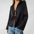 Solid Loose Temperament Blouse for Women Lapel Long Sleeves Patchwork Lace Up Elegant Top Female Fashion Clothing