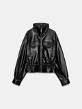 Elastic Drawstring Leather Jacket Zipper Stand Collar Long Sleeved Short Jackets Lady 2026 Autumn Women Chic Street Outerwear