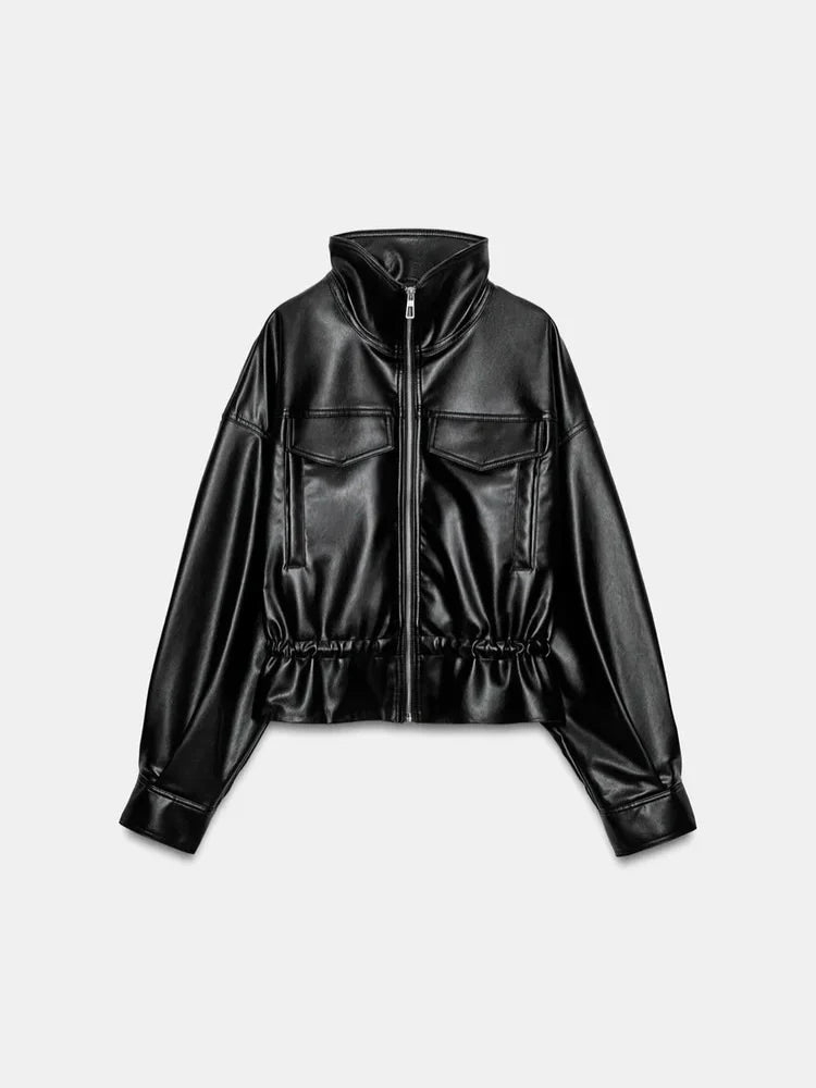 Elastic Drawstring Leather Jacket Zipper Stand Collar Long Sleeved Short Jackets Lady 2026 Autumn Women Chic Street Outerwear