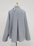 Minimalist Casual Style Gray Oversized Shirt for Women Stand Collar Long Sleeve Buttons Accent for Office Commute