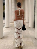 Sexy Hollow-out Crochet Dress Women Fashion Solid Sleeveless Backless Halter Maxi Dresses 2026 Summer Lady Vacation Lace Robe