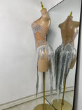 Sparkly Rhinestones Pearls Women Sexy Sleeveless High Split Mesh See Through Birthday Dress Nightclub Party Performance Costume