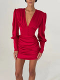 Sexy Women Deep V Puff Long Sleeve Satin Dress Solid Waist-cinching Design Ruched Slim Fit Dresses Elegant Party Lady Gowns 2026