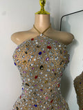 Sparkly Colorful Diamond Sexy Black Sheer See Through Dress Girls Mini Short Prom Dress Birthday Party Club Performance Dress
