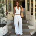 Halter Neck Vest Two-Piece Trouser Set Female Spring Summer New Lace-Up Top Wide-Leg Trousers Pure Cotton Women's Suit