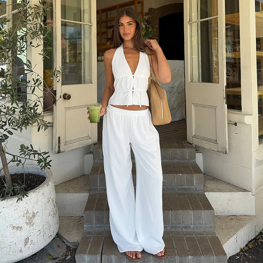 Halter Neck Vest Two-Piece Trouser Set Female Spring Summer New Lace-Up Top Wide-Leg Trousers Pure Cotton Women's Suit