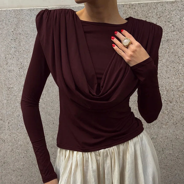 Folds Temperament Style T Shirt for Women Swing Neck Long Sleeve Tunic Slimming Fashion Autumn Tees Female Clothing
