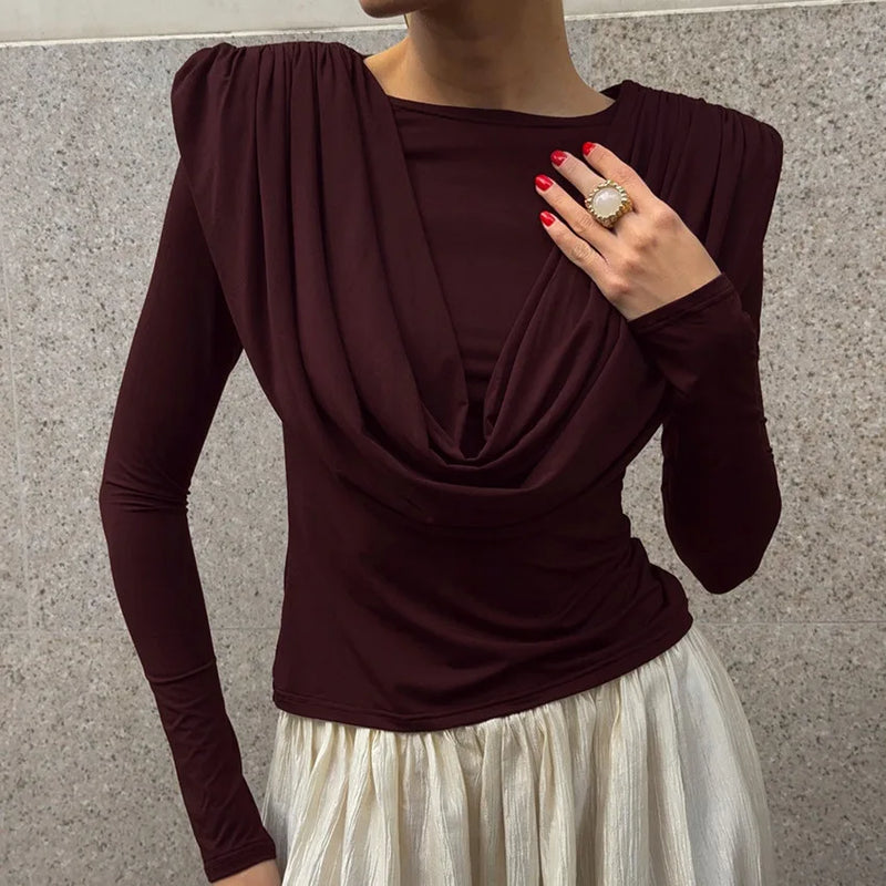 Folds Temperament Style T Shirt for Women Swing Neck Long Sleeve Tunic Slimming Fashion Autumn Tees Female Clothing