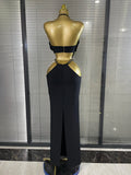New Style Women Sexy Halter Florals Golden Sequined Bodycon Long Bandage Dress Nightclub Party Celebrate Vacation Birthday Wear