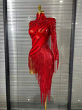Black Red Women Sexy One Shoulder Shinning Crystal Sequins Tassels Bodycon Mid-calf Dress Nightclub Party Bar Dancer Costumes