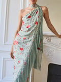 Bohemian Printed Asymmetrical Dress for Women Diagonal Collar Sleeveless High Waist Spliced Tassel Dresses Female
