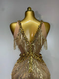 Women Sparkly Glod Rhinestones Sequined Fringe Jumpsuit Sexy Nightclub Party Birthday Outfit Show Singer Stage Perform Costume