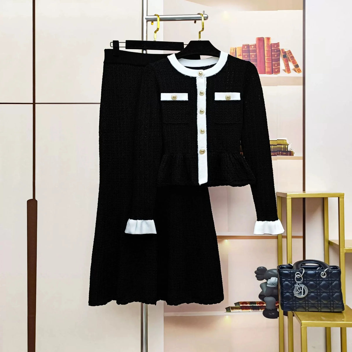 Hit Color Two Piece Set for Women O Neck Long Sleeve Patchwork Ruffles Hem Coat Long Skirt Office Lady Outfits Female New