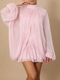 Chic Birthday Party Pink Pleates Ruffled Mini Dress for Women Strapless Design Shiny Fabric with Smock for Stylish Outings