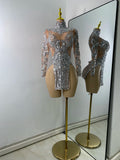 Sparkly Sequins  Gold Silver Mini Dress Women Sexy Split Nightclub Party Performance Dresses Birthday Celerbity Stage Outfit